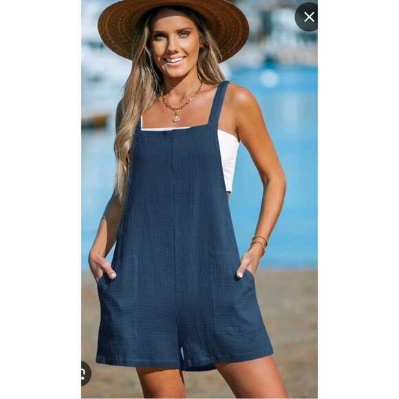 Cupshe Teal Blue Square Neck Wide Leg Romper Sleeveless Cotton Size M NEW - Picture 2 of 8